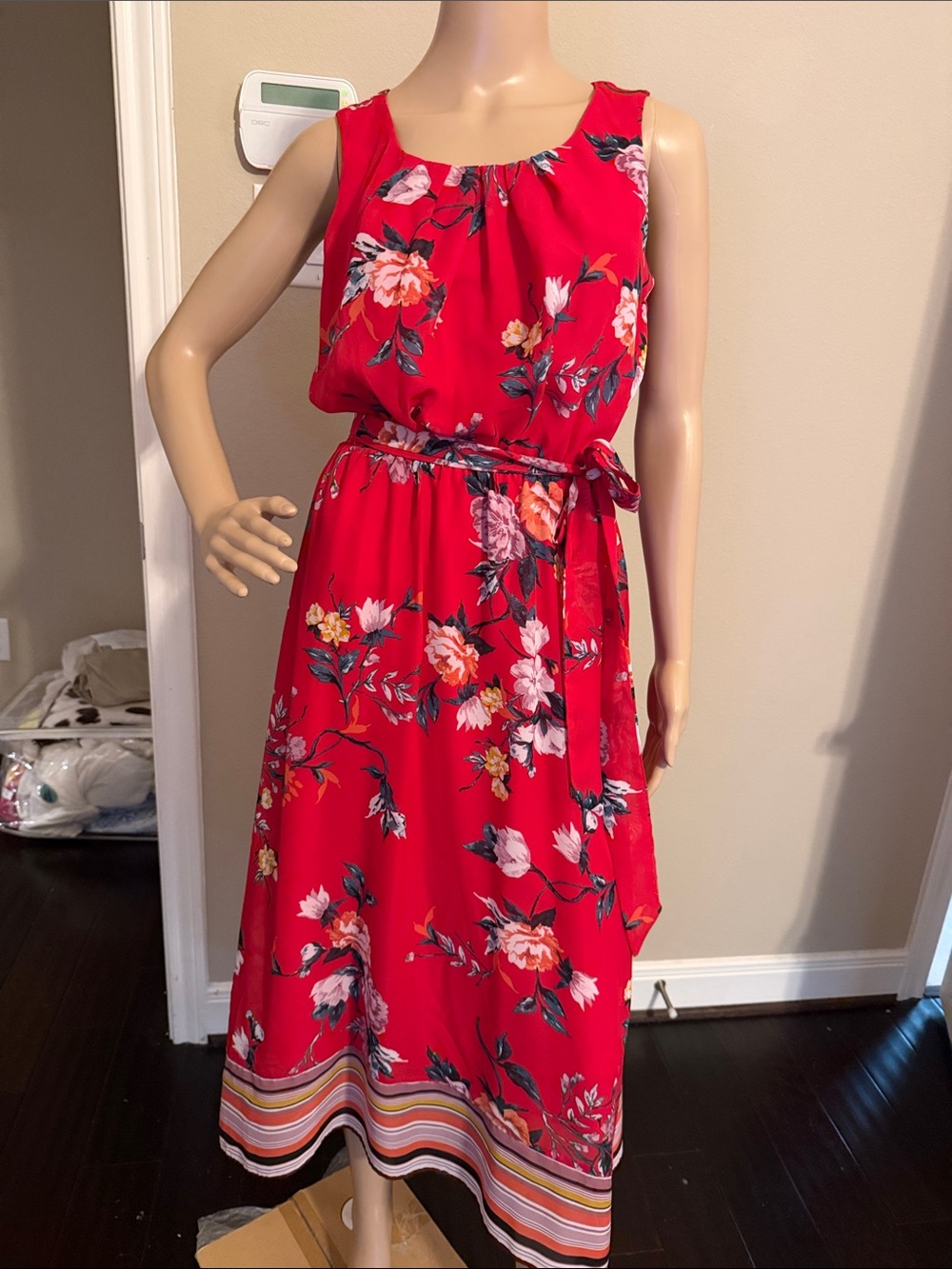 Apt 9 Red Floral Sleeveless Belted Midi Dress size medium